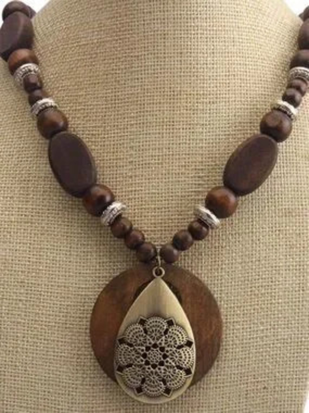 Unique Anthropologie Brown Wooden Bead Necklace with Gold Filigree Teardrop